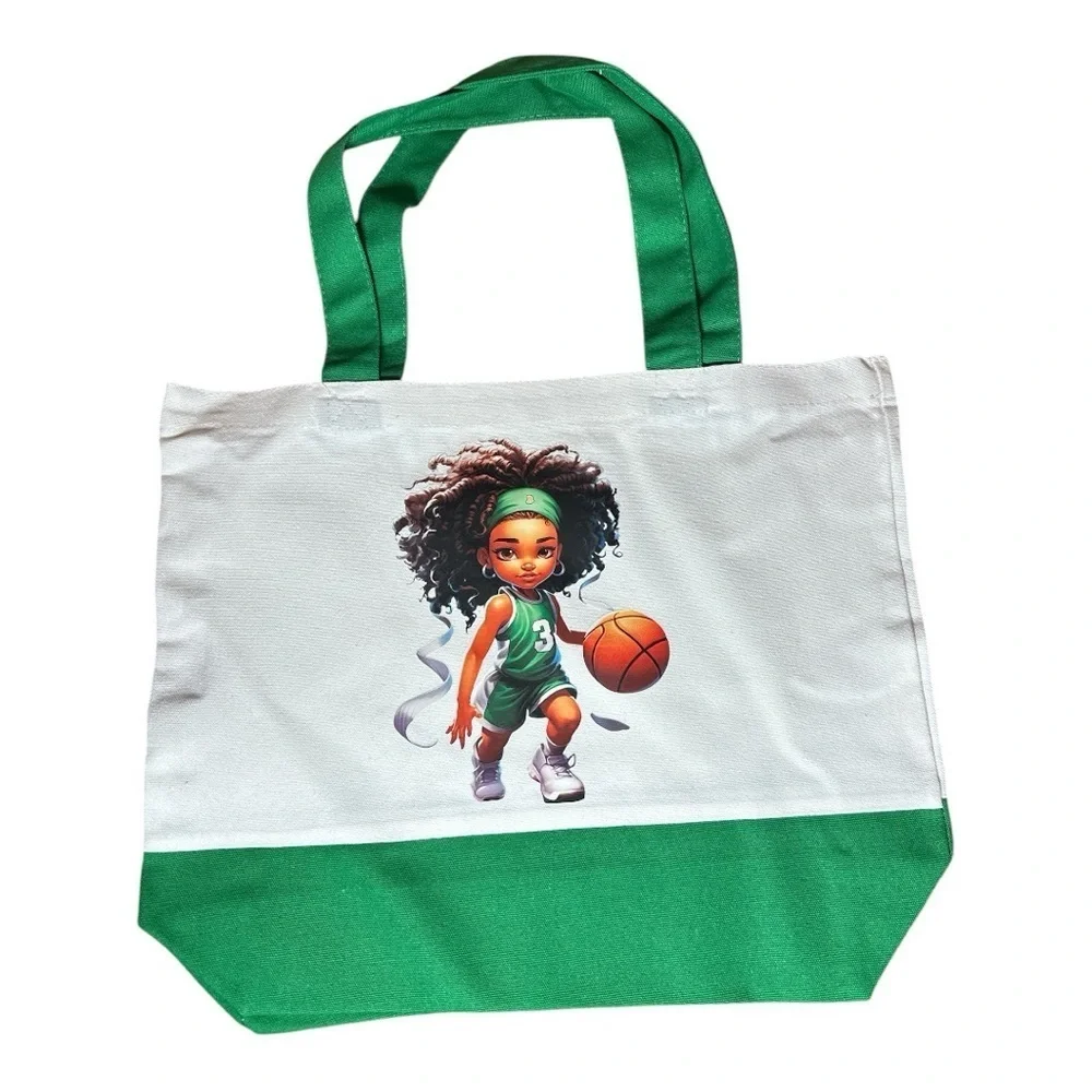 Large Canvas Tote Bag with Basketball Girl Art | Hand Pressed | 17”x14” | New